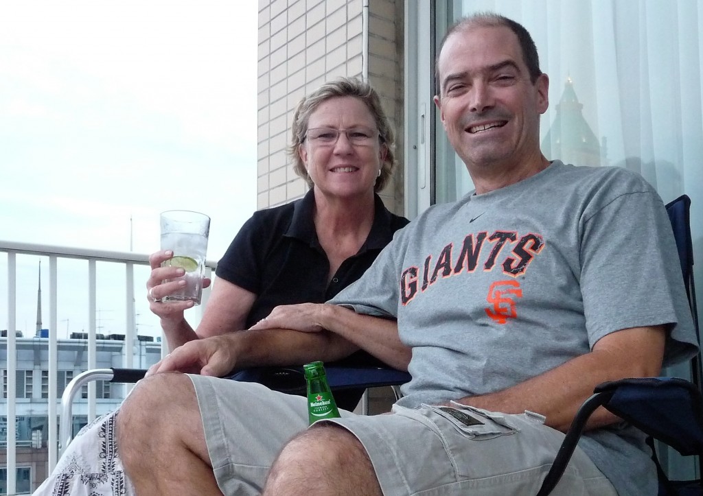 Julie and I enjoying the view from the balcony of our apartment on the 34th floor in Bangkok in 2010