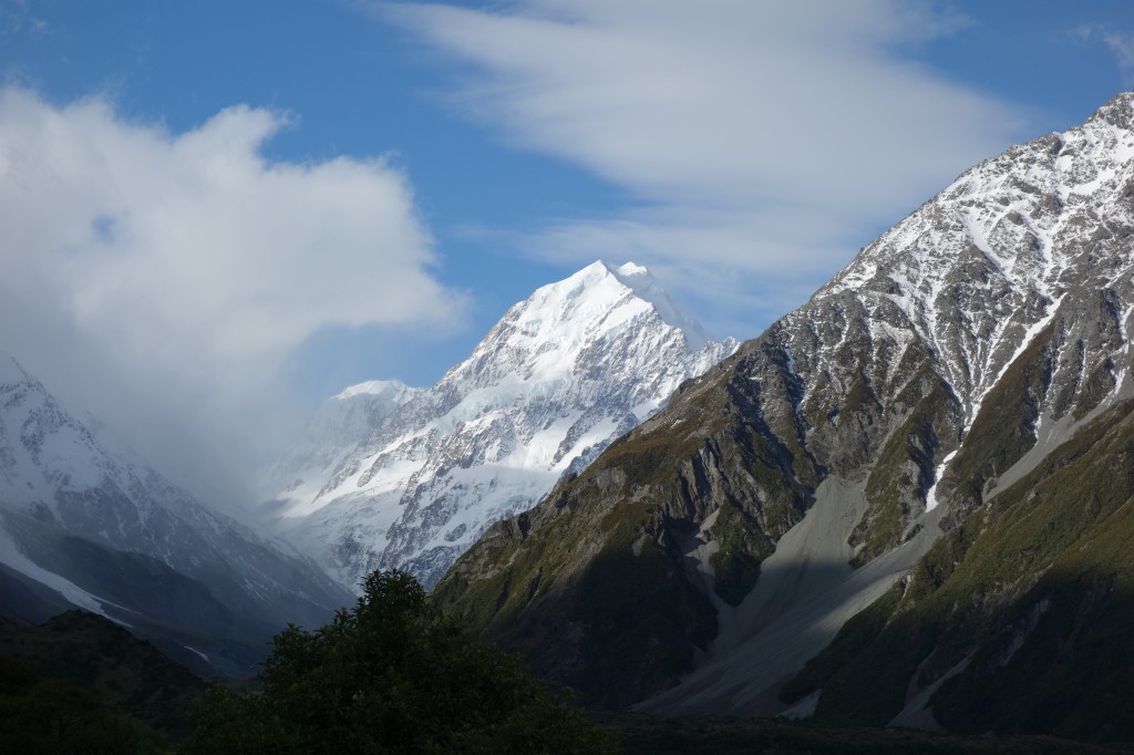 The majestic and handsome Mt. Cook with its steep walls, hanging glaciers and sharp summit