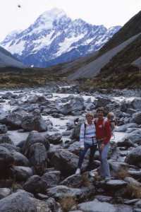 Julie and I with baby Anna in the backpack exploring the Hooker Valley in 1987