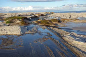 The late afternoon light played on the puddles in the cliff top surface