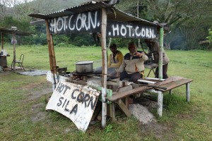 The weather was perfect for hot corn from an experienced entrepreneur on the side of the road