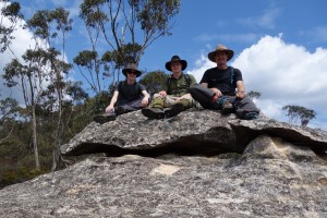 Father and sons resting on what we dubbed Whale Rock as we straddled the Capertee-Wolgan Divide