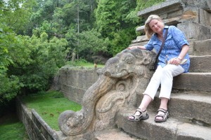 Julie making friends at our first temple stop