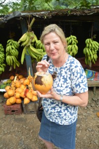Julie trying the refreshing King coconut milk from a roadside stand