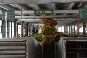 A worker in the tea processing centre carries another huge bag of leaves to the 'Withering' station