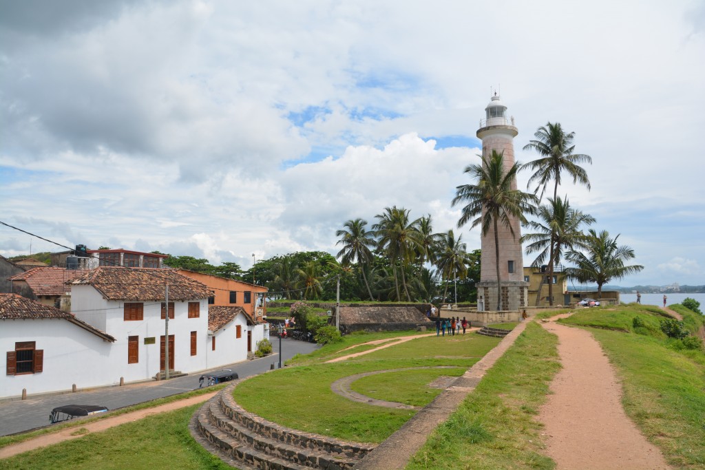 The Galle lighthouse and old buildings seen from the high rampart that has protected the town for hundreds of years