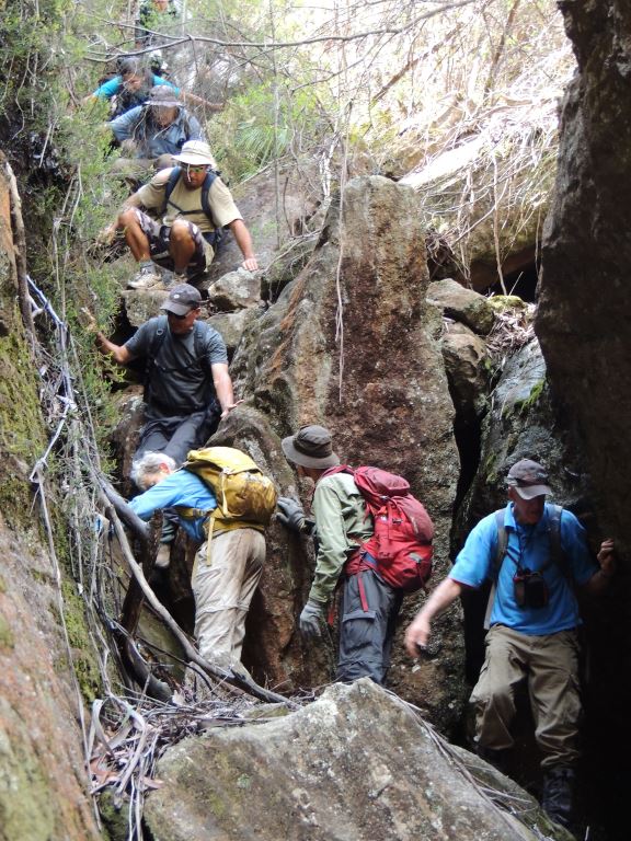 Traffic jam - a steep narrow gully which required some team work to negotiate