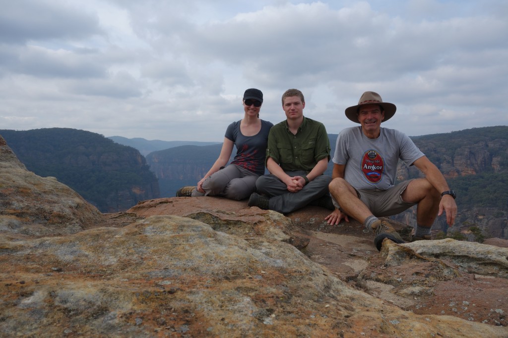 Anna, Zach and I taking in the views at Echo Lookout with the lower reaches of the Wolgan Valley stretching out below us