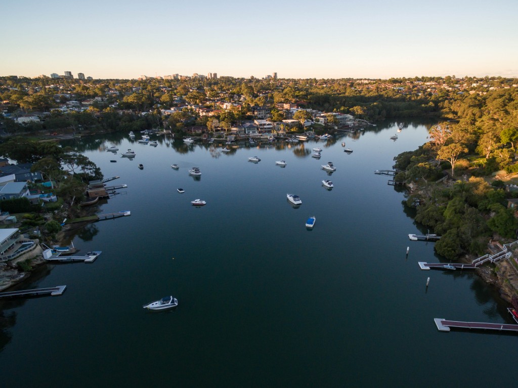 Oatley Bay, which graces our community down at the end of our road, seen at dusk from the drone as it goes where no man can go 
