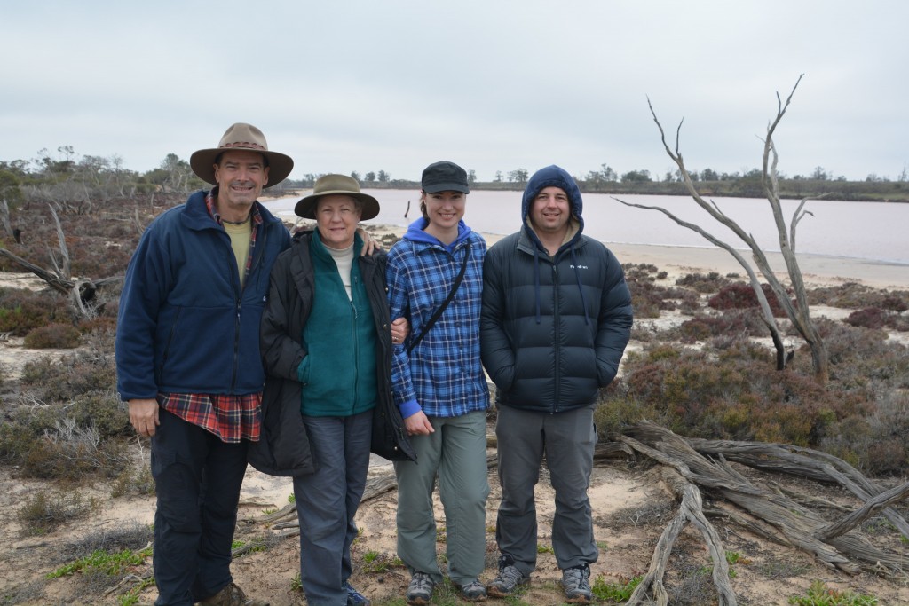 The four of us enjoying a chilly walk around one of the pink lakes in Murray Sunset National Park