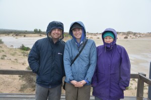 Everyone is putting on a brave face despite the driving rain at Mungo National Park