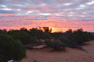 Sunset on the first night with the red dirt and desert scrub 