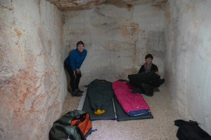 Jessica and Linda preparing their bedding in the underground camp ground