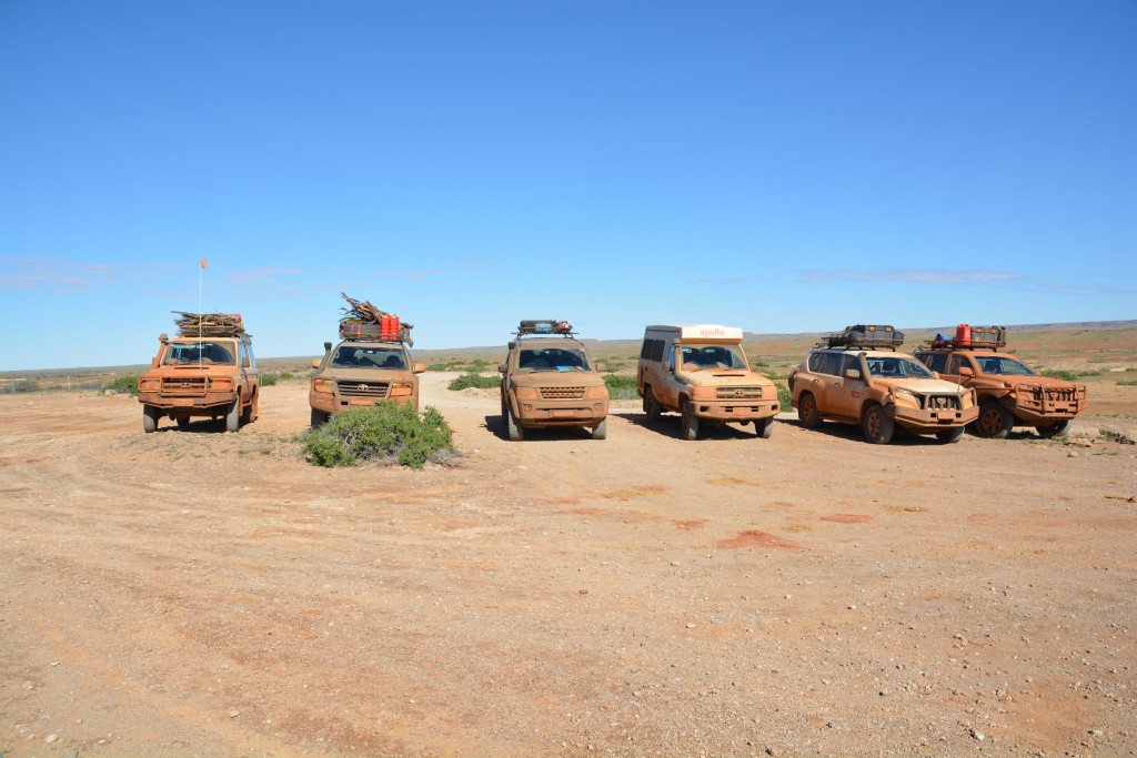 Our fleet of handsome expedition vehicles rest between challenges