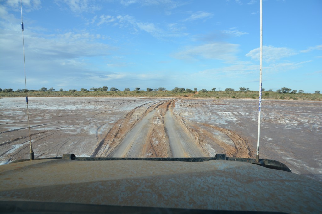 Crossing our first dry lake bed, lined with salt, marked through the mud, this one safe to drive across