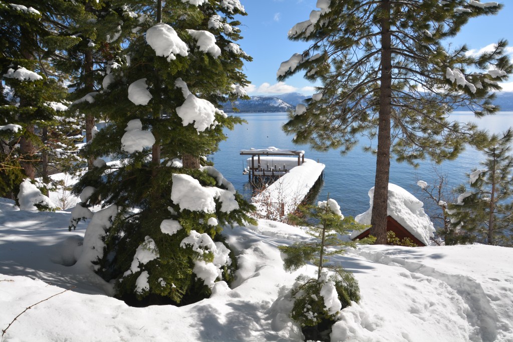 A magical winter wonderland scene of the lake from the deck of the cabin was just 