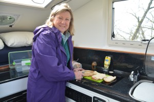 Julie cooked a great meal on our new diesel cooker inside our warm and snug camper