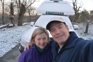 Julie and I with our snow-covered Tramp - who would have expected snow on our first outing?