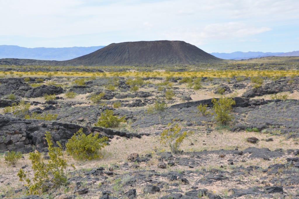 Amboy Crater rises up from the desert floor with its remnant lava beds all around