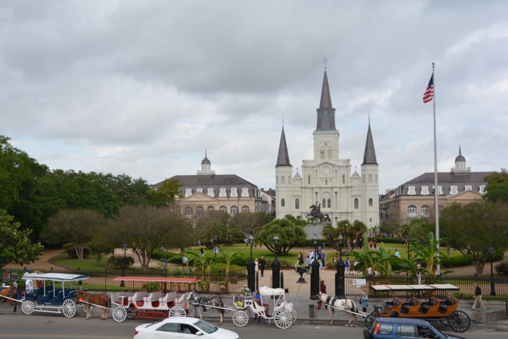 Looking across Jackson Square at beautiful St Louis Cathedral in the heart of old town New Orleans