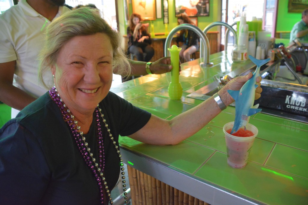 By late afternoon on day two of Bourbon Street Julie was still wearing her cheap costume jewelry and now drinking gimmicky drinks like this Shark Attack