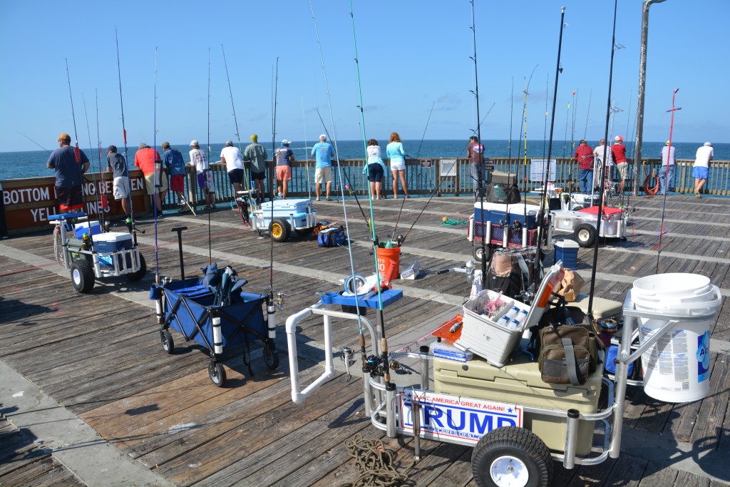 Fishing at the end of Gulf Shores pier was serious business with everyone having elaborate carts to carry all their fishing gear - and promote their favourite President