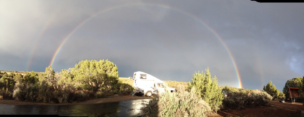A photo taken by a fellow camper - Tramp framed by a huge rainbow
