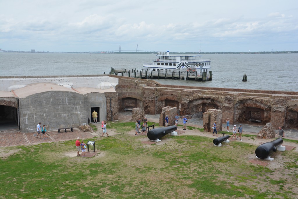 Part of the internal courtyard of the fort with our ferry in the background