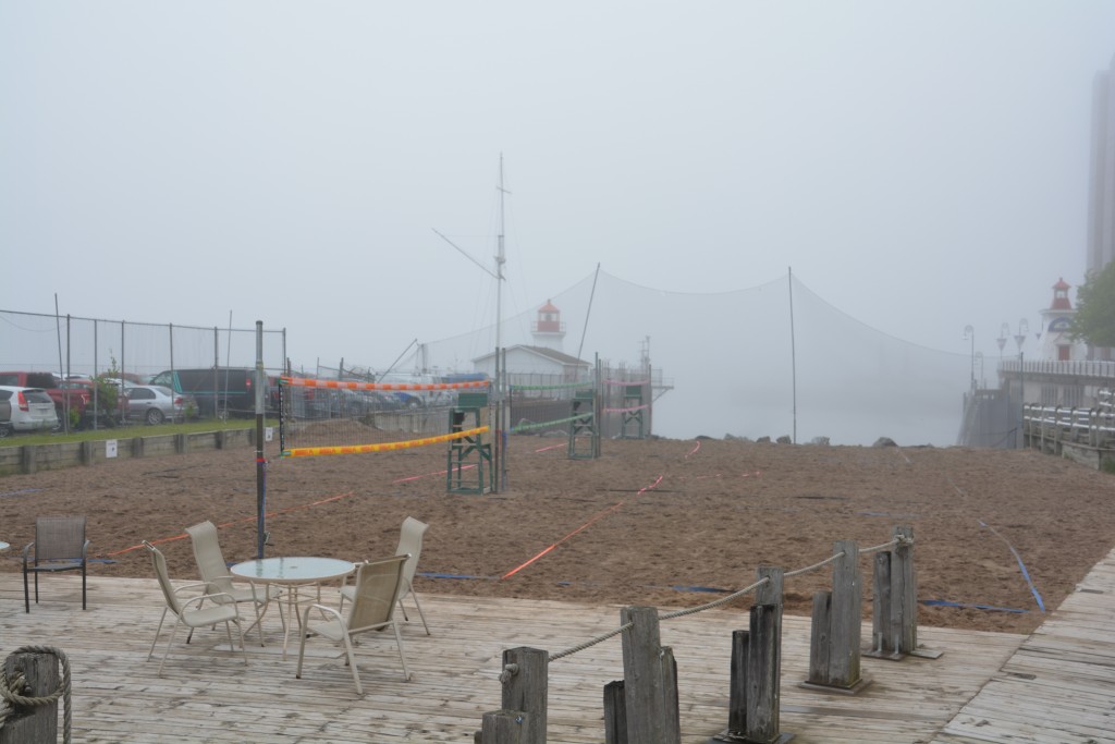 Beach volleyball anyone? These outdoor courts in downtown St. John look way out of place in the heavy fog and cold wind