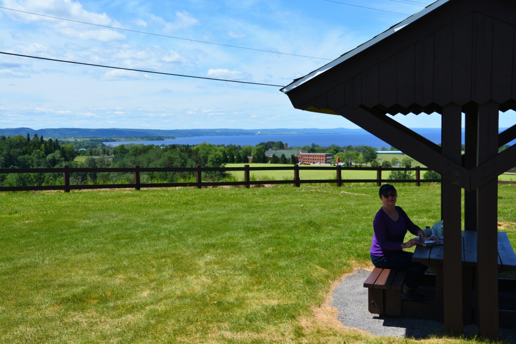 A scenic lunch spot with Lac St. Jean in the background