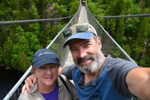 We crossed a high suspension bridge when exploring a national park in Quebec