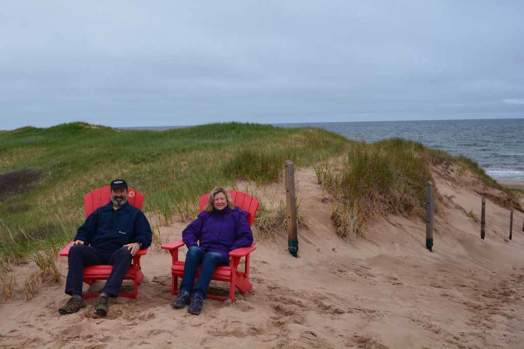 Another shot of us sitting in random red Adirondack chairs near the beach