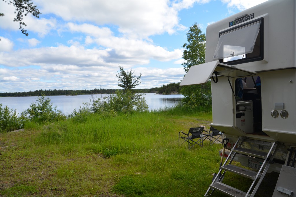 Our perfect 10 campsite on the banks of Lake Gillingham in northern Saskatchewan