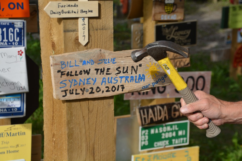 From a scrap of wood in our side locker we made up our own sign with our trip's slogan 'Follow the sun'