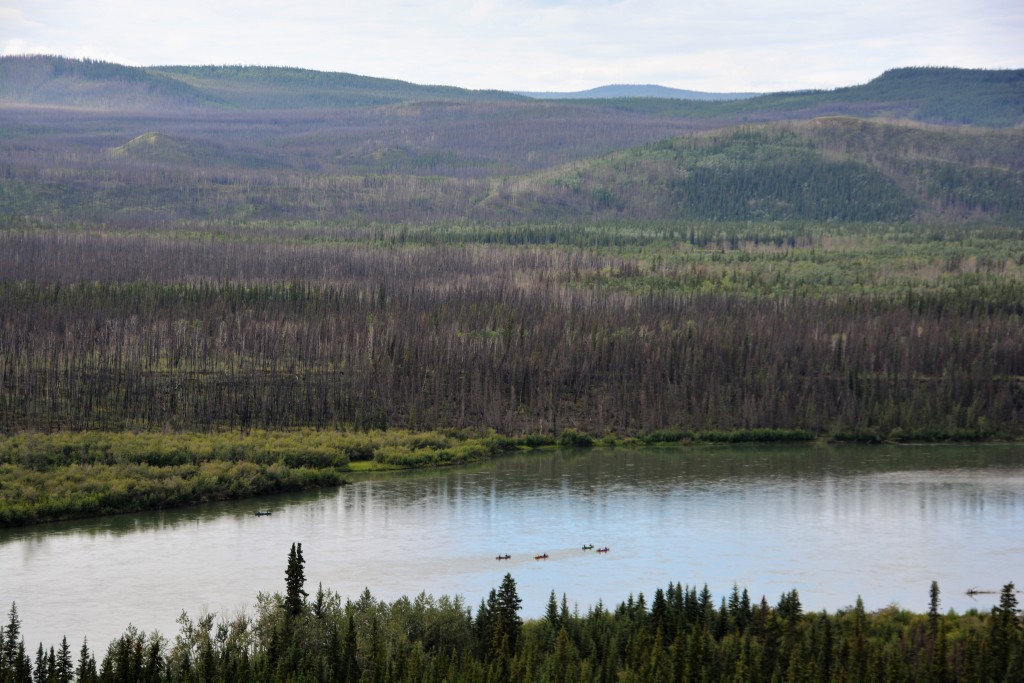 A few canoeists floating down the Yukon River, much like those hopeful prospectors did over 100 years ago
