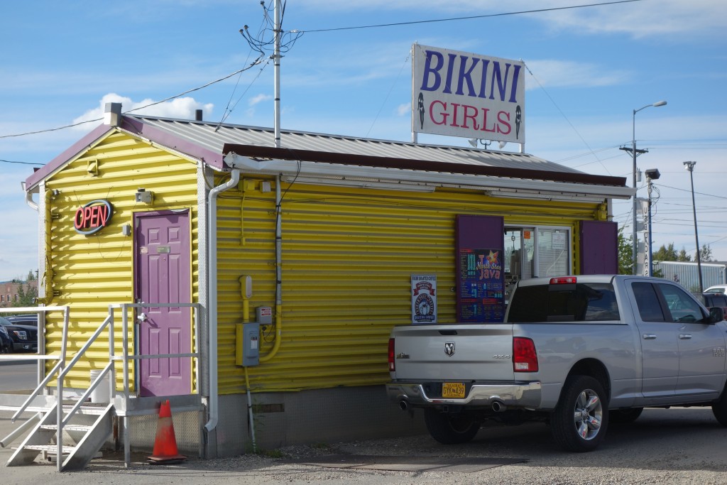 A feature of Fairbanks is the drive through coffee huts and we frequented a few of them, including this one where girls serve you coffees in bikinis