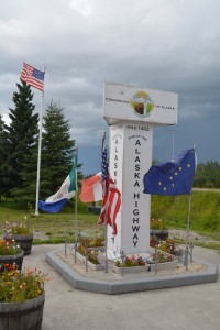 The marker showing the end of the Alaska Highway in Delta Junction