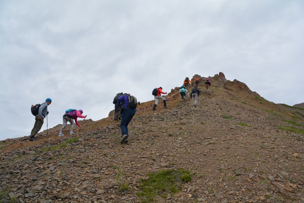 The loose scree got very steep as we reached the top and then there's the issue of how we're going to get dowh