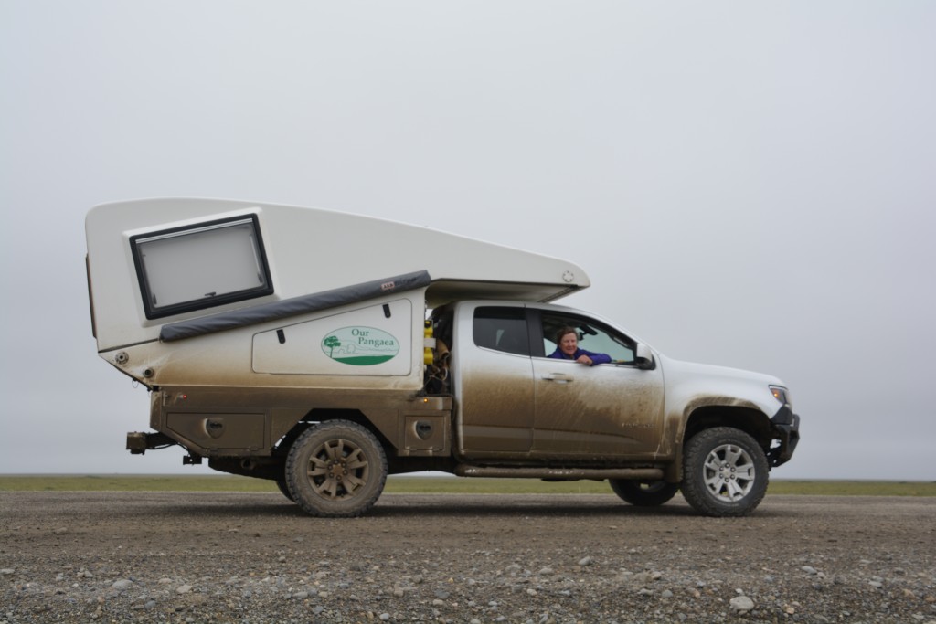 The wet roads were taking their toll on Tramp but at least Julie kept smiling