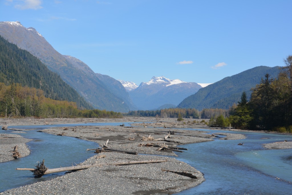The Bear River that flowed through the valley to the ocean provided a great foreground to the mountains and glaciers