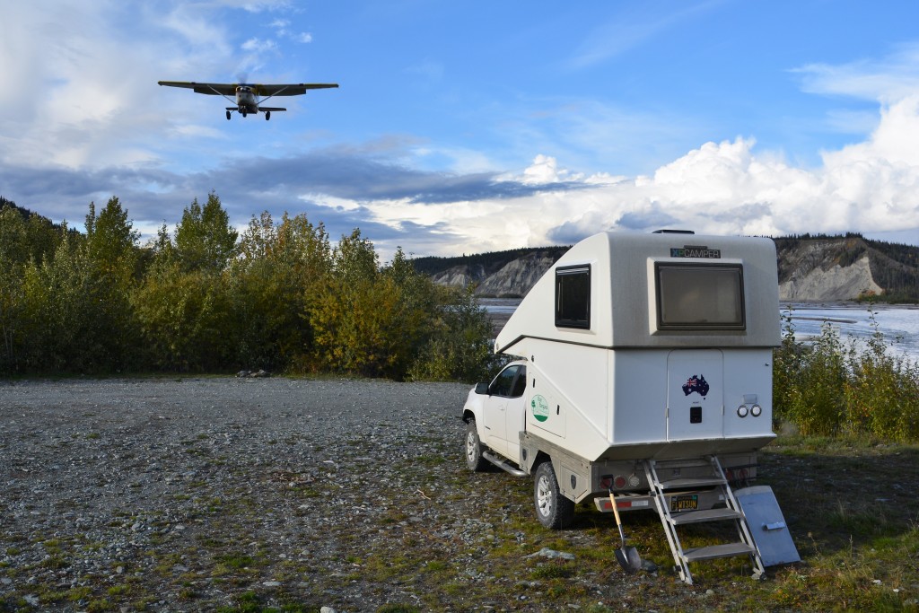 We camped one night on the banks of the Copper River near the end of the airstrip for the little town of Chitina - and were treated to some scenic flights landing just behind us
