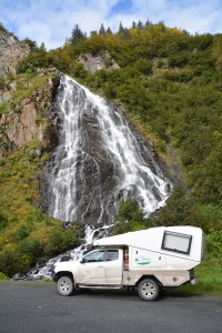 Tramp stopped at many beautiful waterfalls on the road to Valdez, this one was appropriately called Horsetail Falls