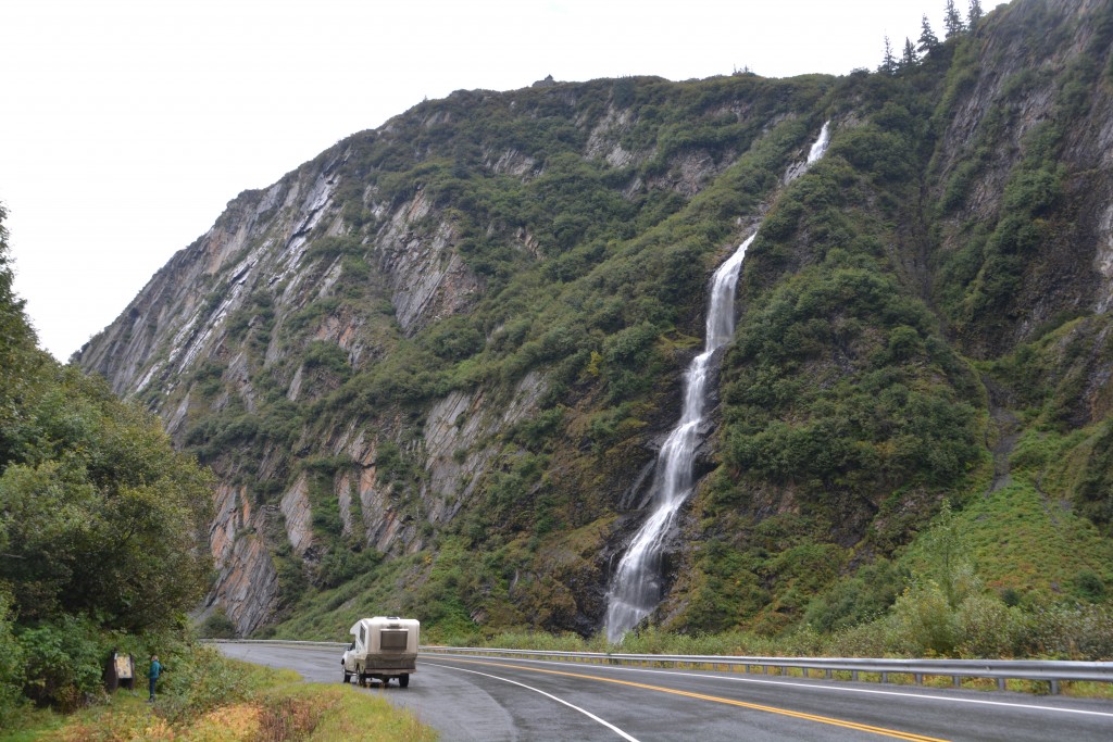 Another great waterfall splashing the road in Keystone Canyon