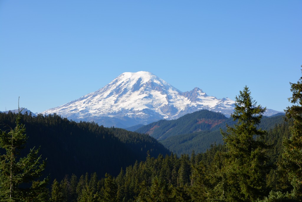 High above all else is Mt. Rainier, one of the most well known mountains of America, sparkling in blue skies the day we drove by