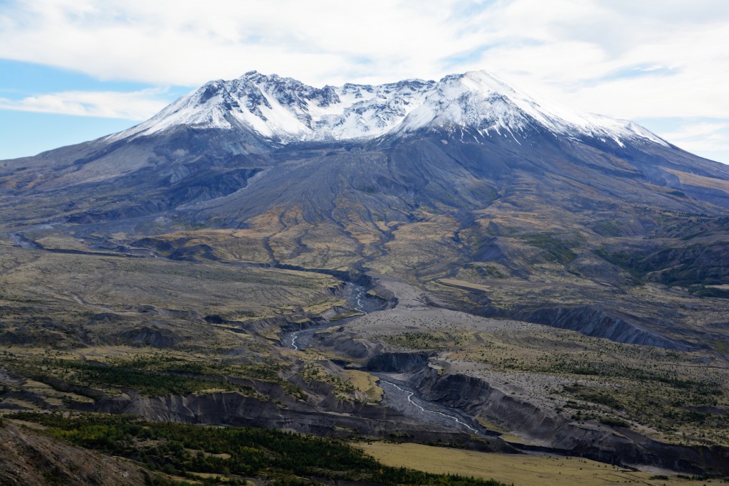 The active volcano of Mt. St. Helens, still clearly showing the devastated land around it