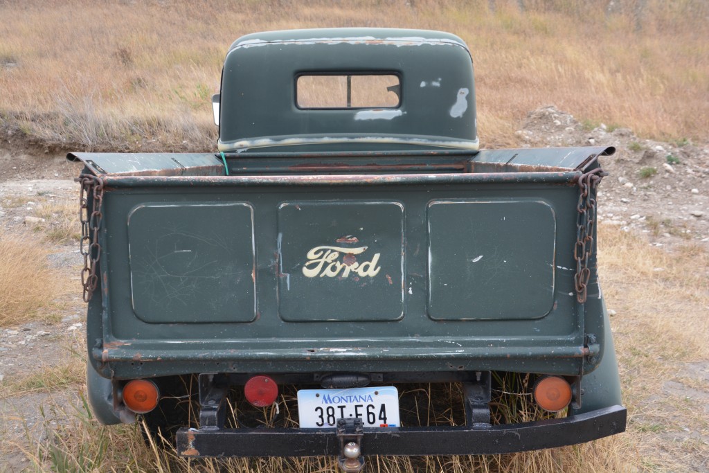 Here's a good old Ford pick-up, Montana style, but probably not up to the task of carrying Tramp