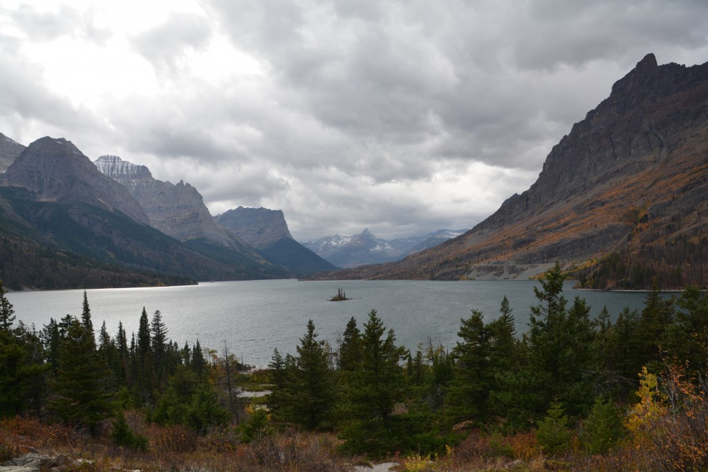 The great view of St. Mary Lake in the basin of Glacier National Park's largest valley 